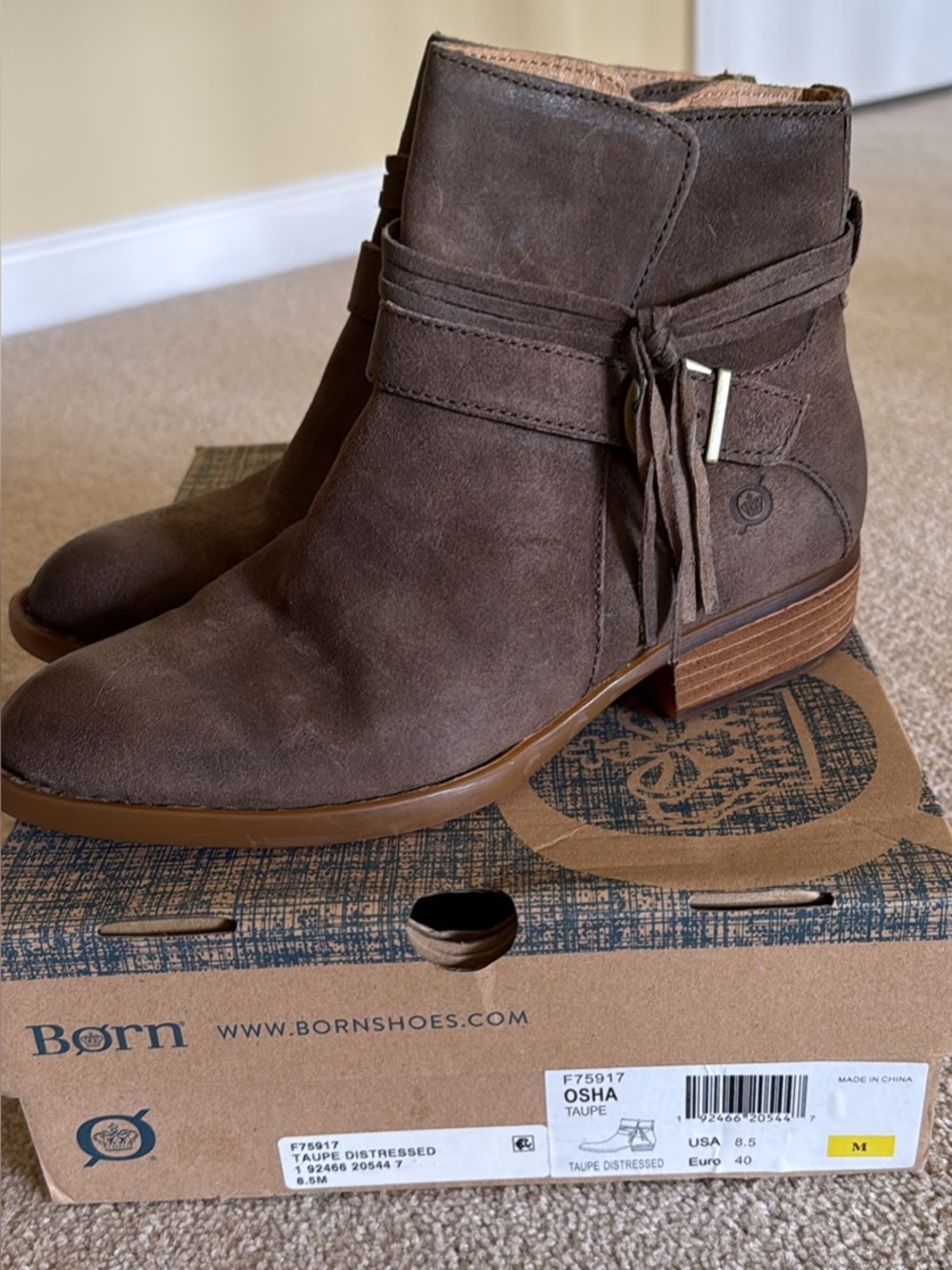 Born OSHA distressed Taupe Suede Ankle Booties new in box size 8.5
